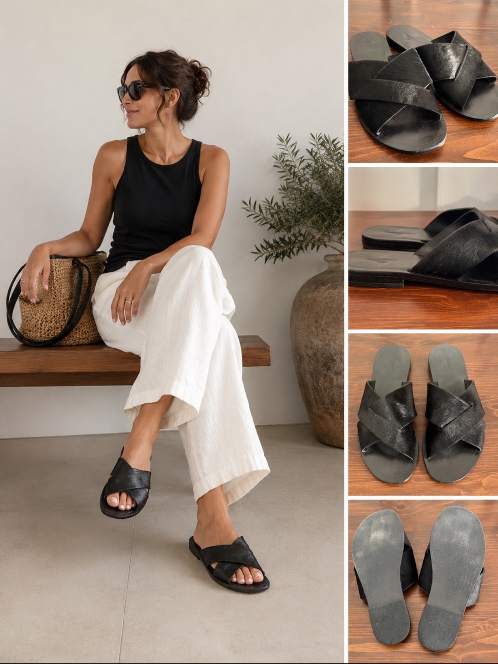 Country Road Calf Hair Leather Criss Cross Slide Sandals Black EU 37